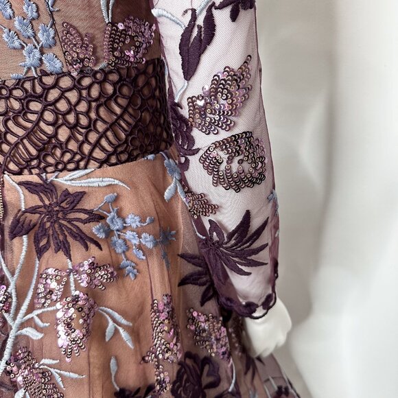 Bronx and Banco Purple Fiora Sequin Embroidered Mesh ¾ Sleeve Mini Dress Size 4 - Picture 14 of 17